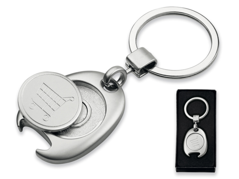 CARTOS metal key ring with token in 1 EUR size, Satin silver