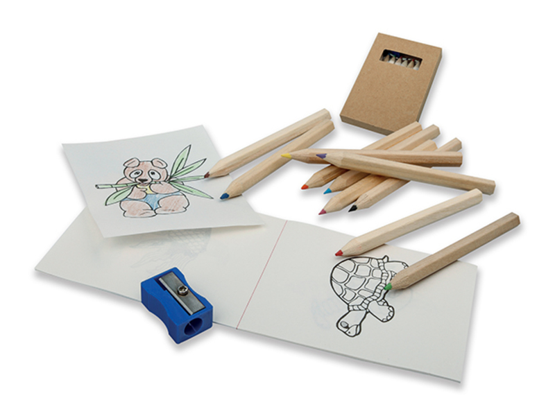 POLLOCK set of 10 sharpened short crayons, 1 sharpener and 20 page colorin, Natural