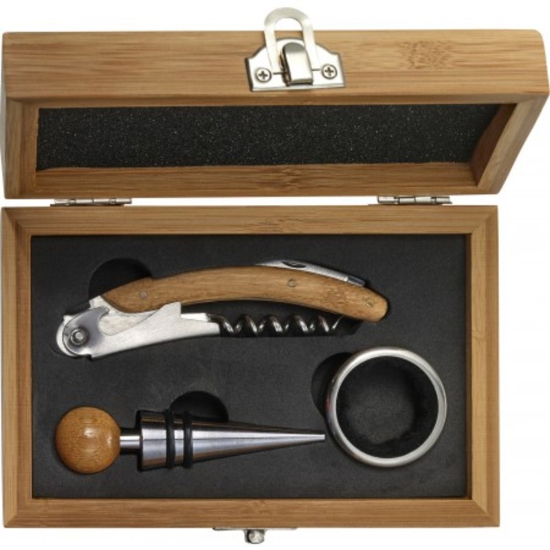 Stainless steel and bamboo wine set