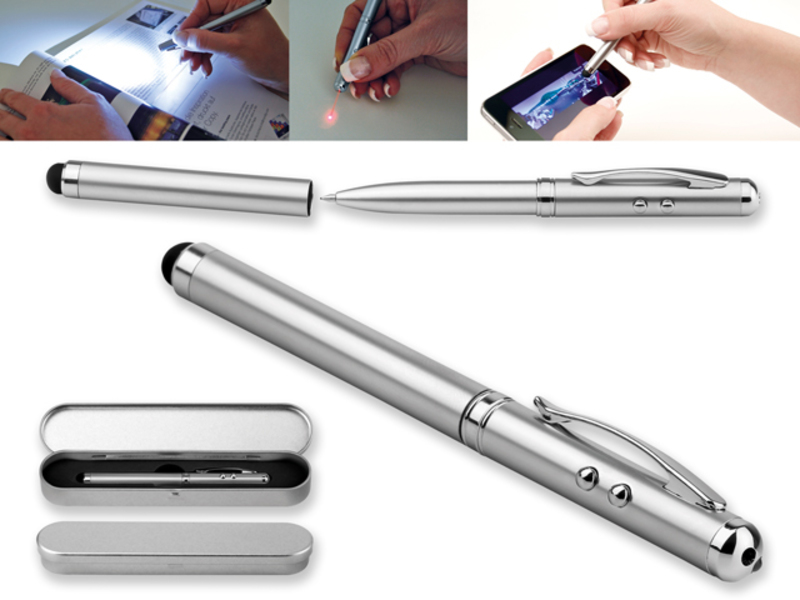 LAPOINT metal ball pen with LED light and laser in box, blue refill, Satin silver