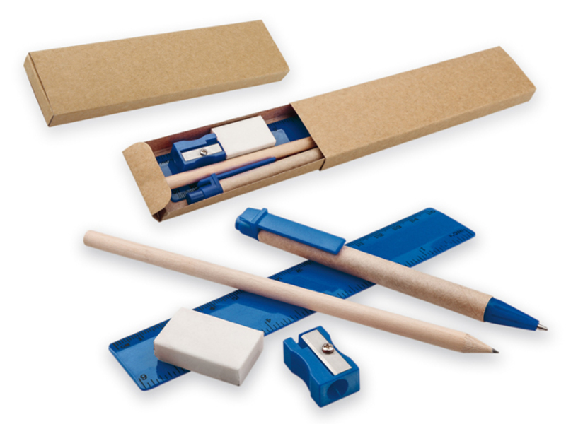 MILLET set of ball pen, sharpened pencil, ruler, sharpener and rubber, Blue