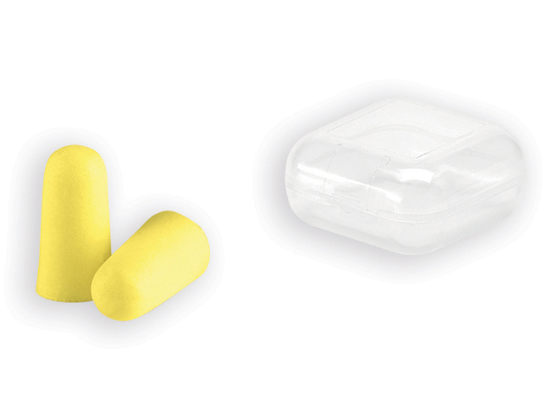 TOMER earplugs made of PU foam in a plastic box, Yellow