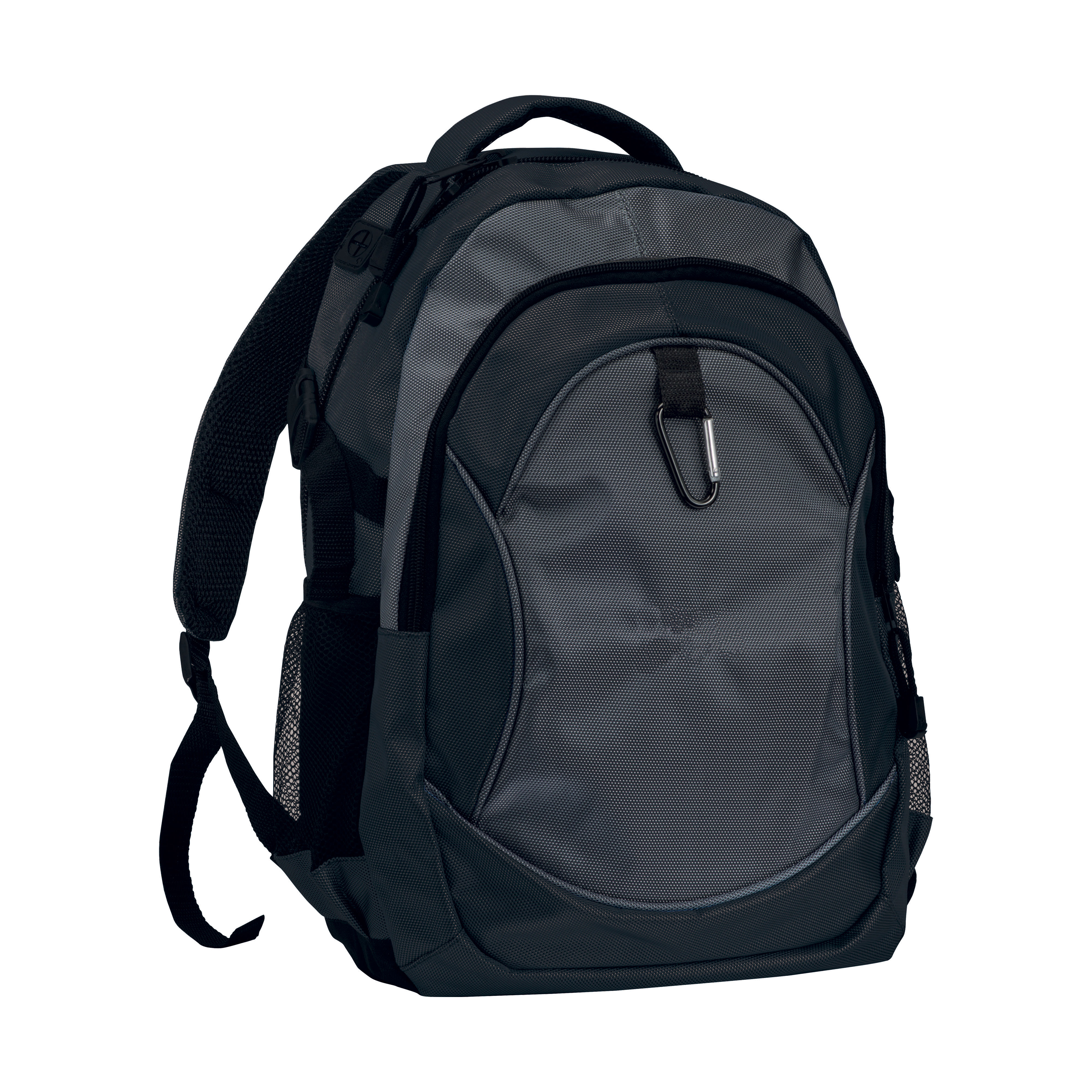 1680D polyester 4-pocket backpack (two mesh side pockets) with snap hook Black