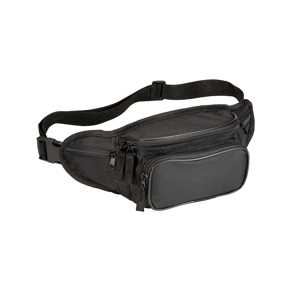 600D polyester 5-pocket waist bag with adjustable waist strap and clip closure Black