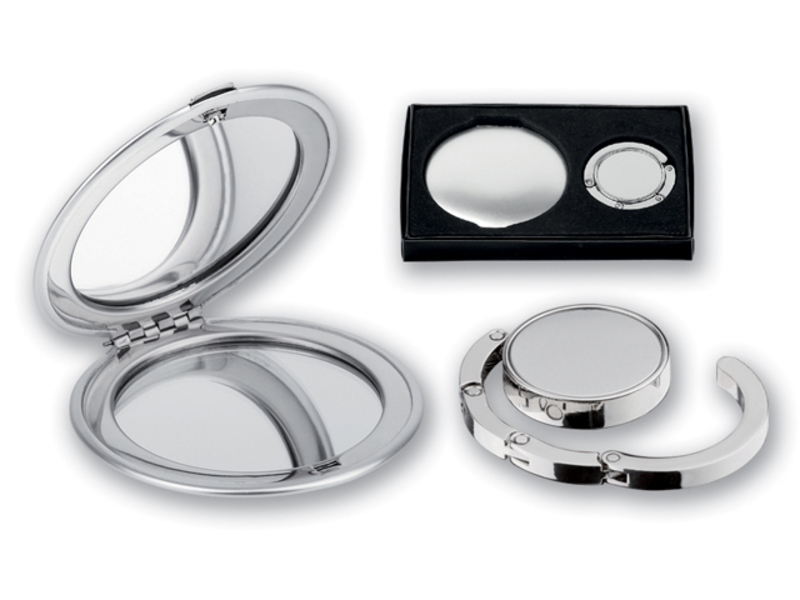 LADY SET gift set containing a mirror and a magnetic bag holder, Satin silver